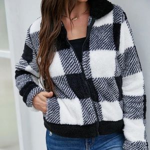 Black and White Gingham Zip Up Teddy Jacket in XL